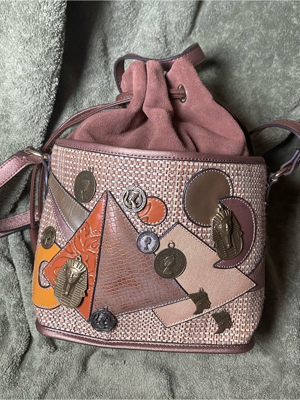 Vintage SHARIF Egyptian Patchwork Suede Bucket Bag — Rare 80s / 90s